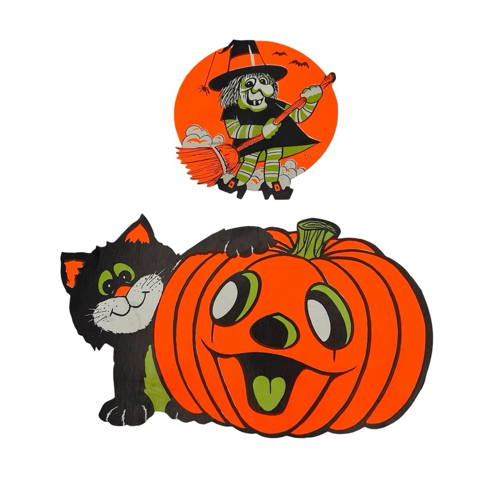 2 Vintage Eureka Witch Pumpkin Black Cat Halloween Cut Out Paper Die Cuts Small